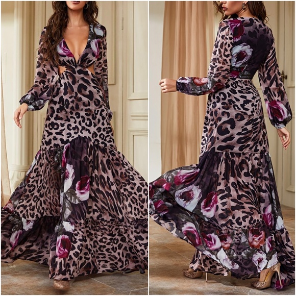 Boho Leopard Print Floral Cut out Puff Sleeve Ruffle Maxi Dress - Picture 4 of 4